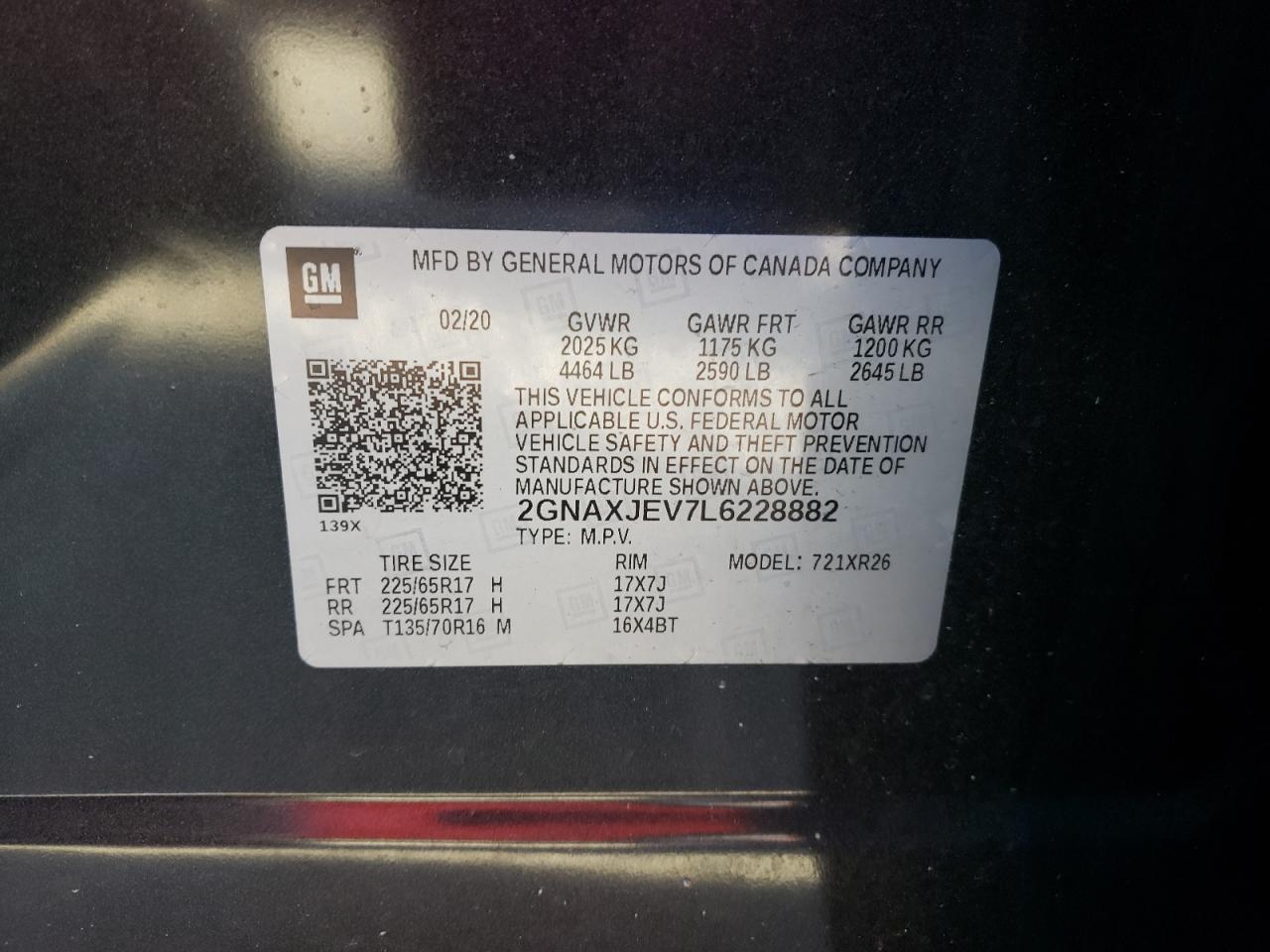 Photo 10 from auction – 2020 CHEVROLET EQUINOX LT with VIN 2GNAXJEV7L6228882
