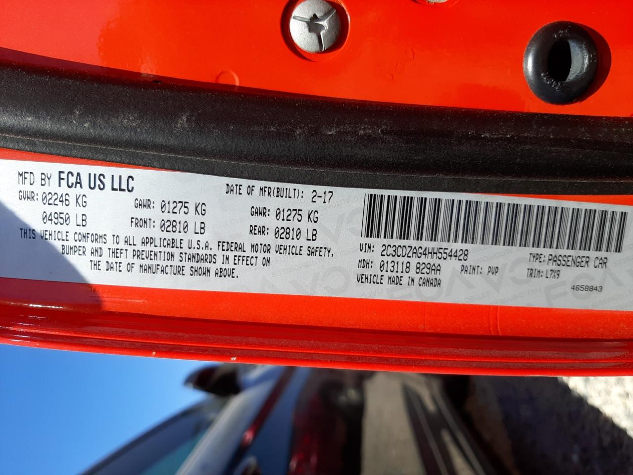 Photo 10 from auction – 2017 DODGE CHALLENGER with VIN 2C3CDZAG4HH554428