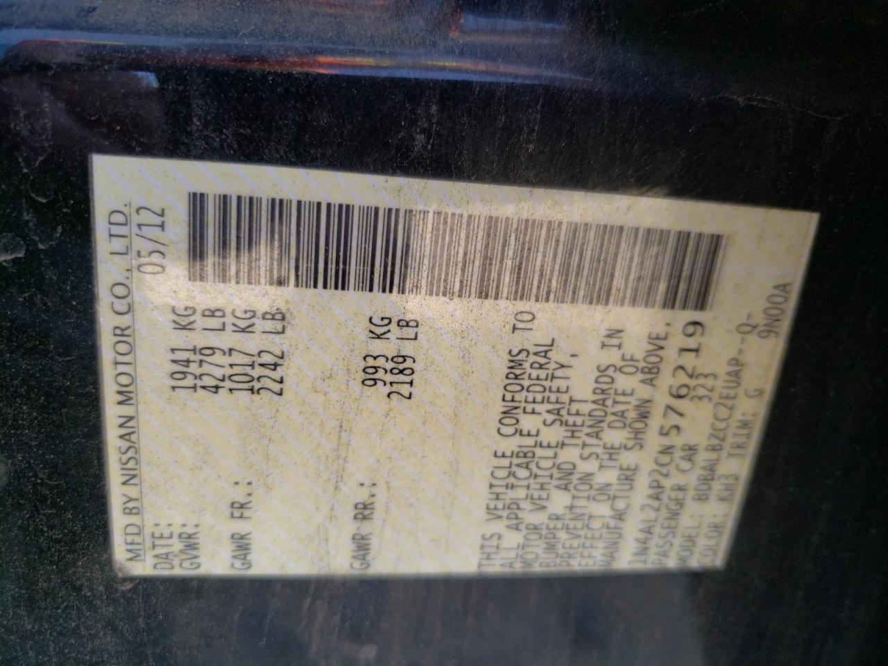 Photo 10 from auction – 2012 NISSAN ALTIMA BAS with VIN 1N4AL2AP2CN576219