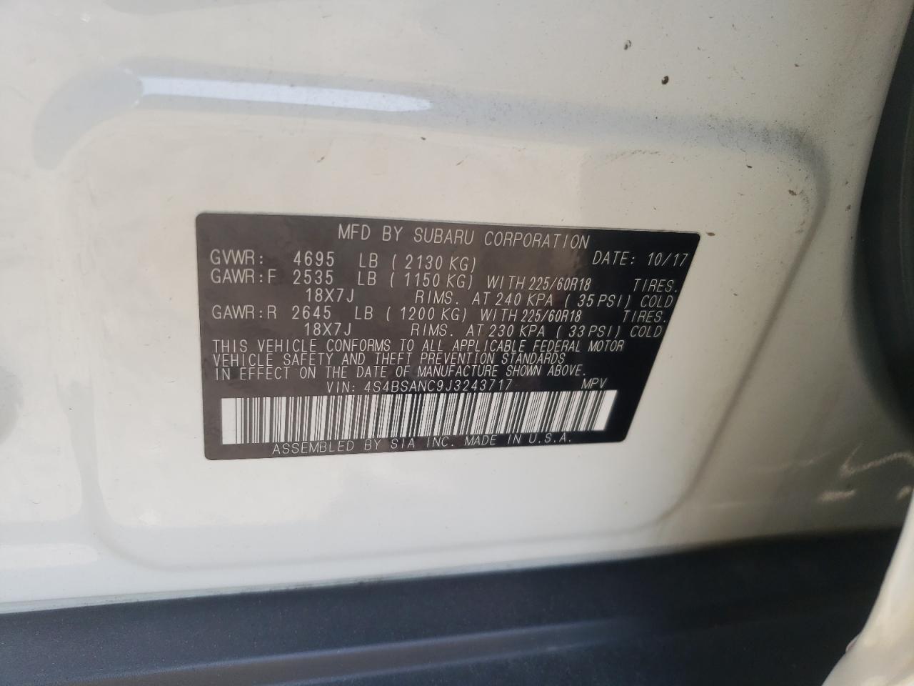 Photo 10 from auction – 2018 SUBARU OUTBACK 2. with VIN 4S4BSANC9J3243717
