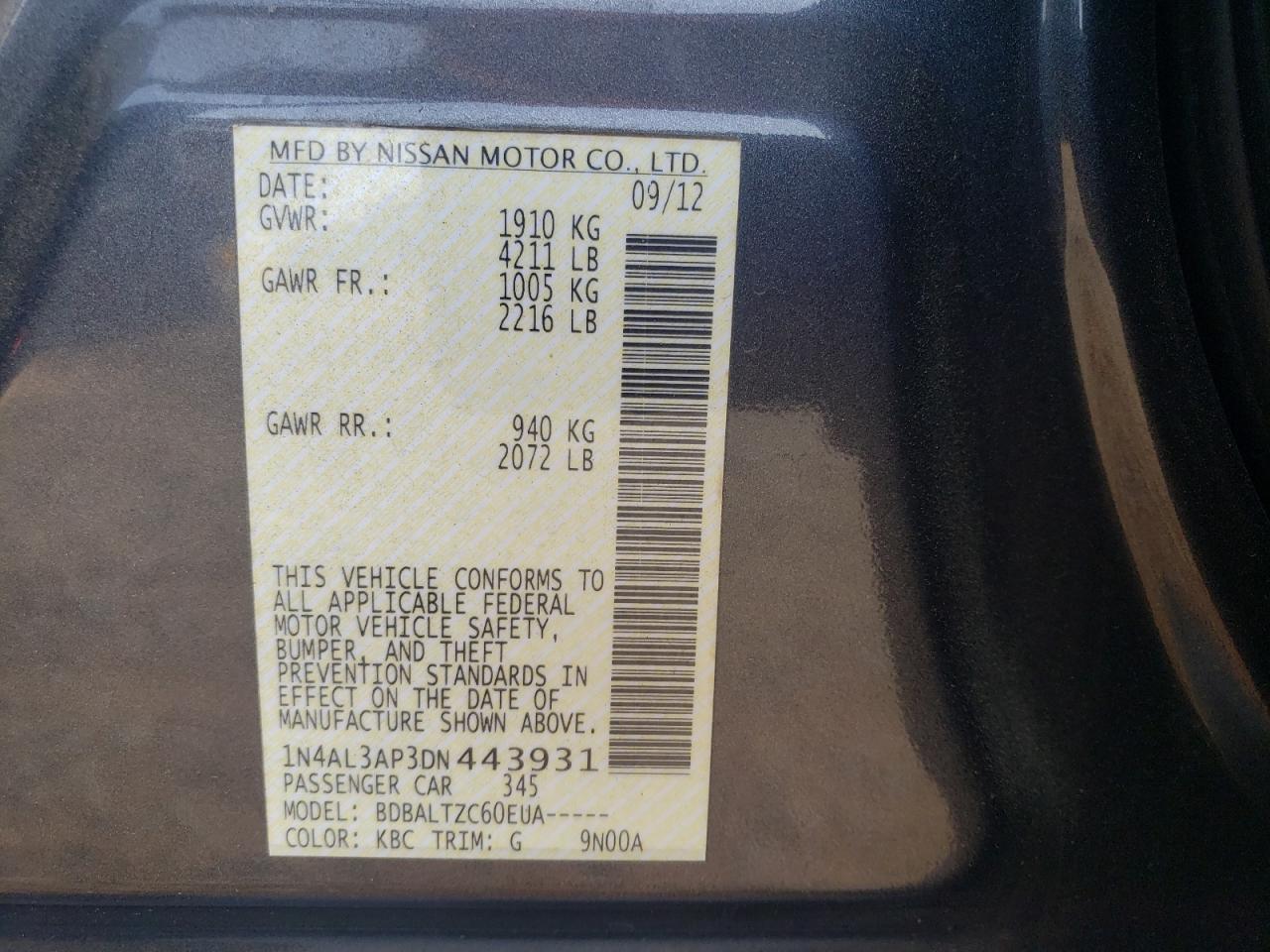 Photo 10 from auction – 2013 NISSAN ALTIMA 2.5 with VIN 1N4AL3AP3DN443931