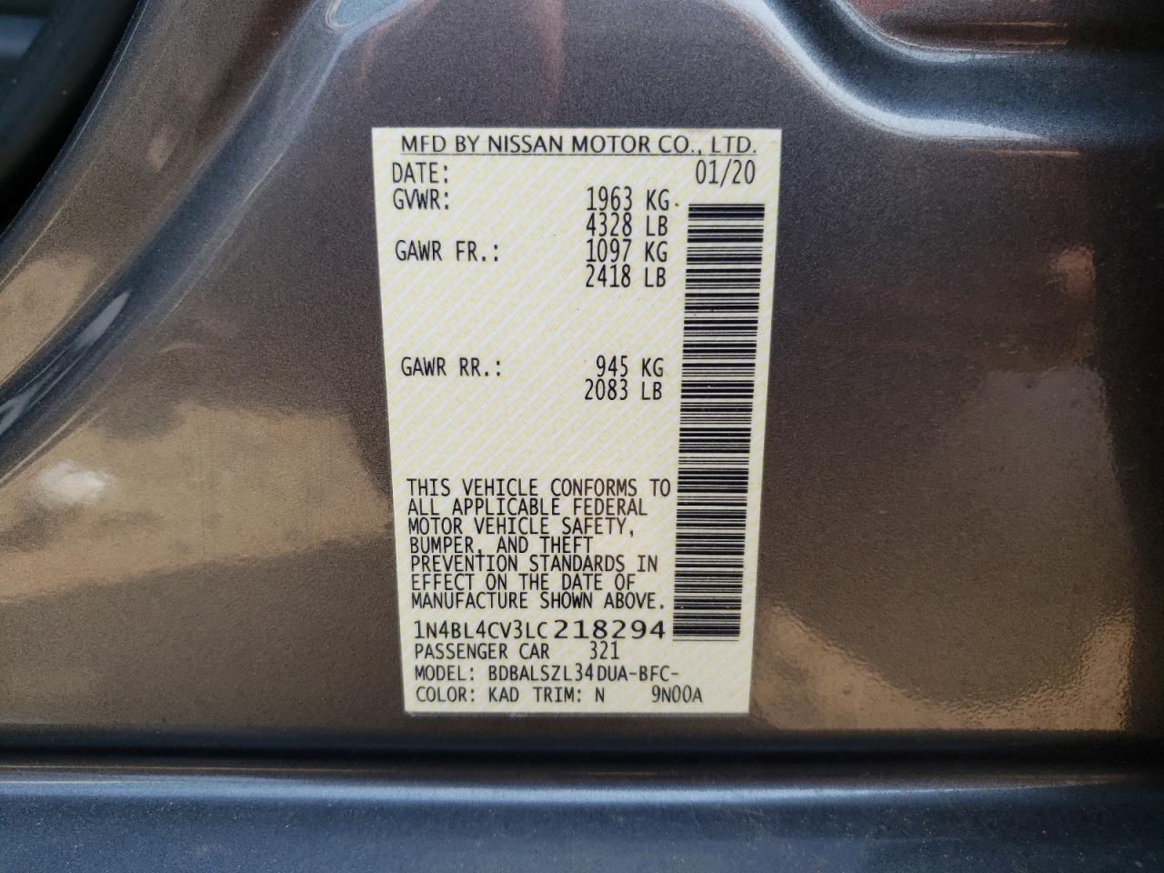 Photo 10 from auction – 2020 NISSAN ALTIMA SR with VIN 1N4BL4CV3LC218294