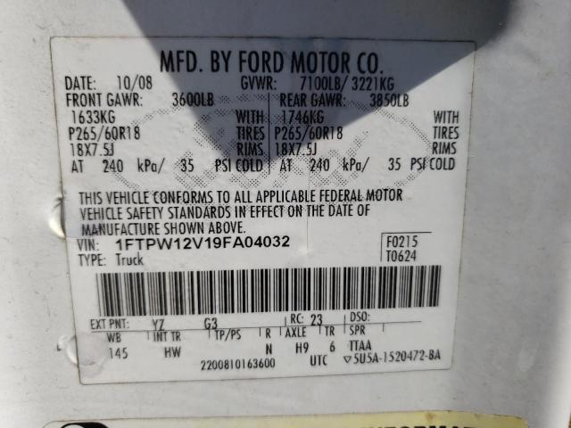 Photo 1 from auction – 2009 FORD F150 SUPER with VIN 1FTPW12V19FA04032