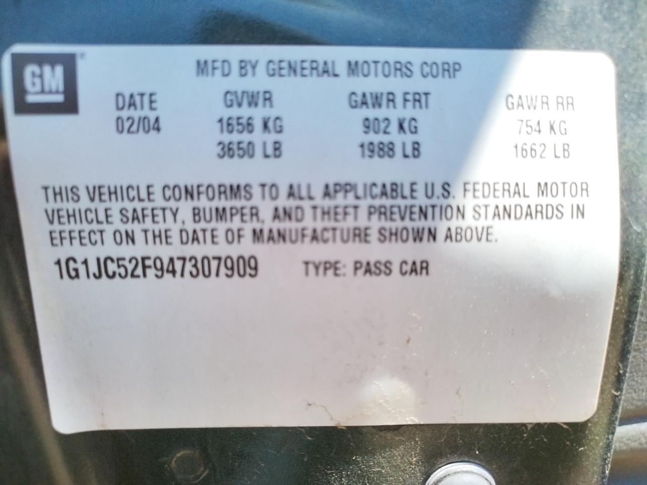 Photo 10 from auction – 2004 CHEVROLET CAVALIER with VIN 1G1JC52F947307909