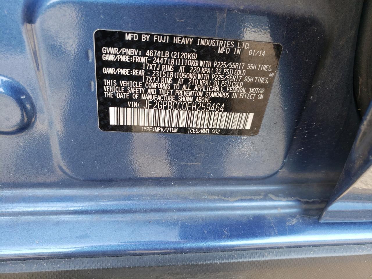 Photo 10 from auction – 2014 SUBARU XV CROSSTR with VIN JF2GPBCC0EH259464