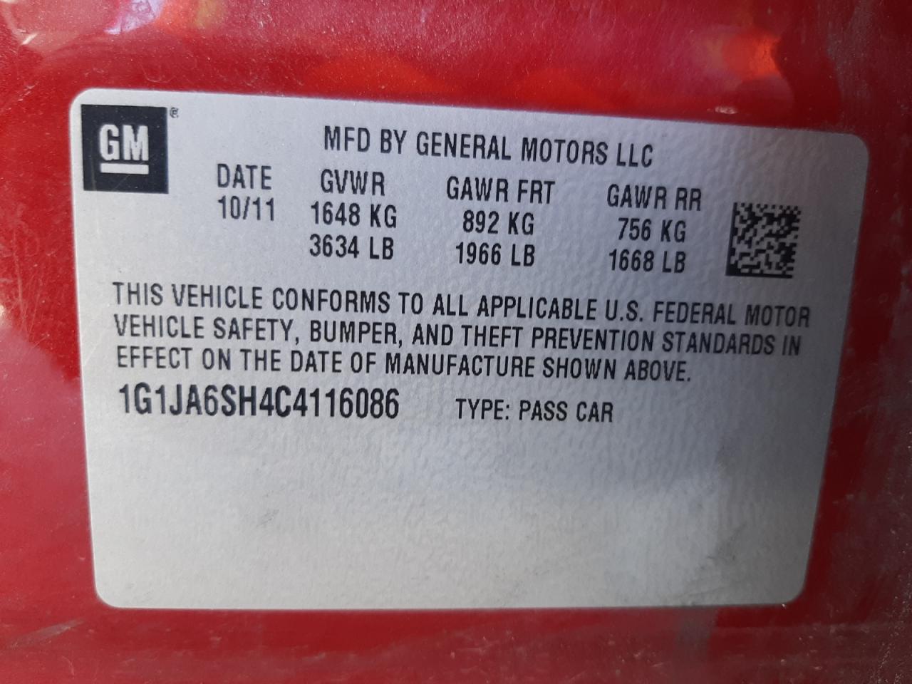 Photo 10 from auction – 2012 CHEVROLET SONIC LS with VIN 1G1JA6SH4C4116086