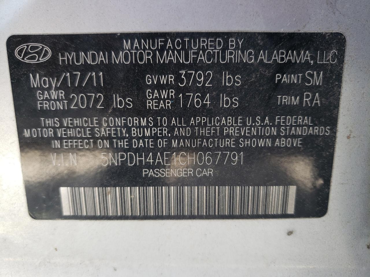 Photo 10 from auction – 2012 HYUNDAI ELANTRA with VIN 5NPDH4AE1CH067791