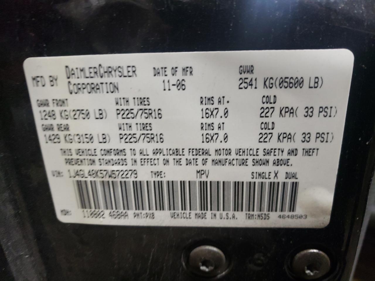 Photo 10 from auction – 2007 JEEP LIBERTY SP with VIN 1J4GL48K57W572279