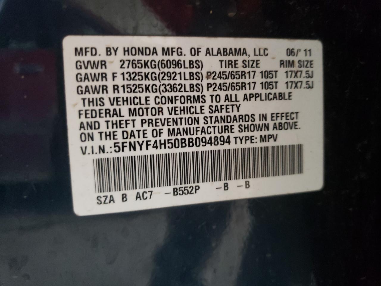 Photo 10 from auction – 2011 HONDA PILOT EXL with VIN 5FNYF4H50BB094894