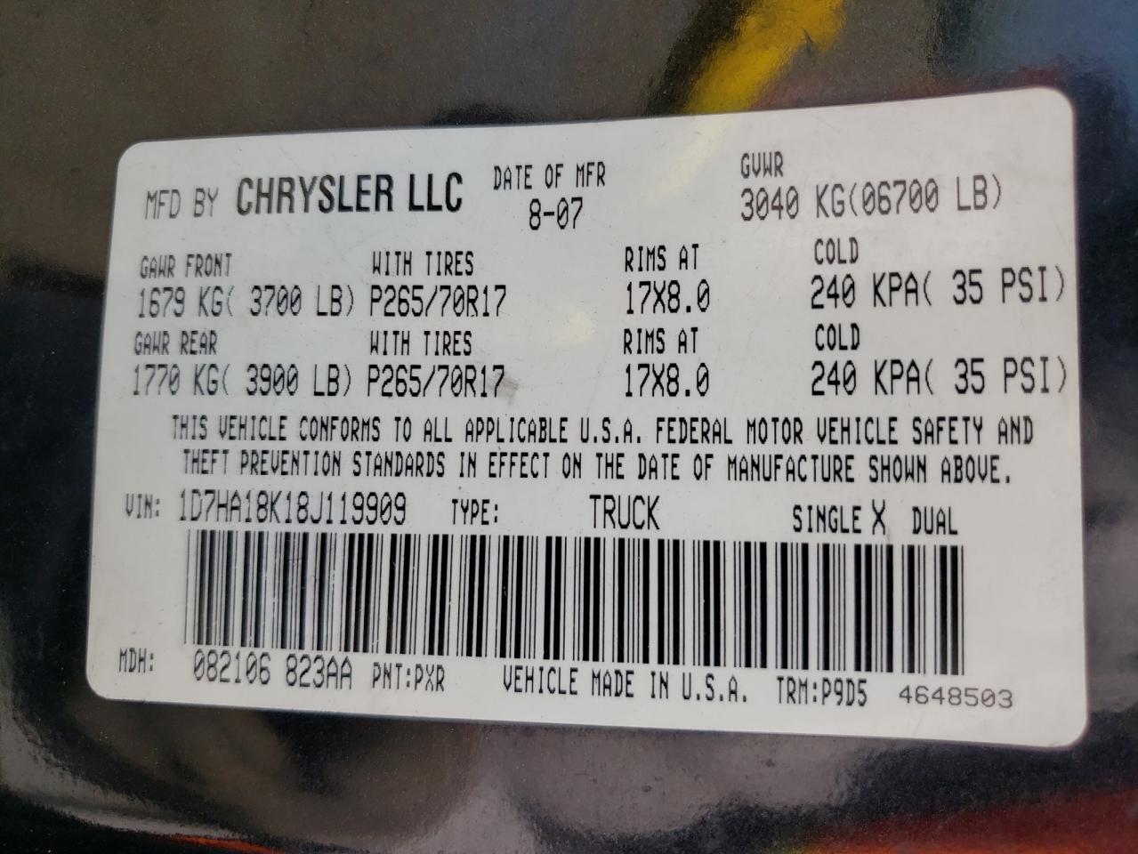 Photo 10 from auction – 2008 DODGE RAM 1500 S with VIN 1D7HA18K18J119909
