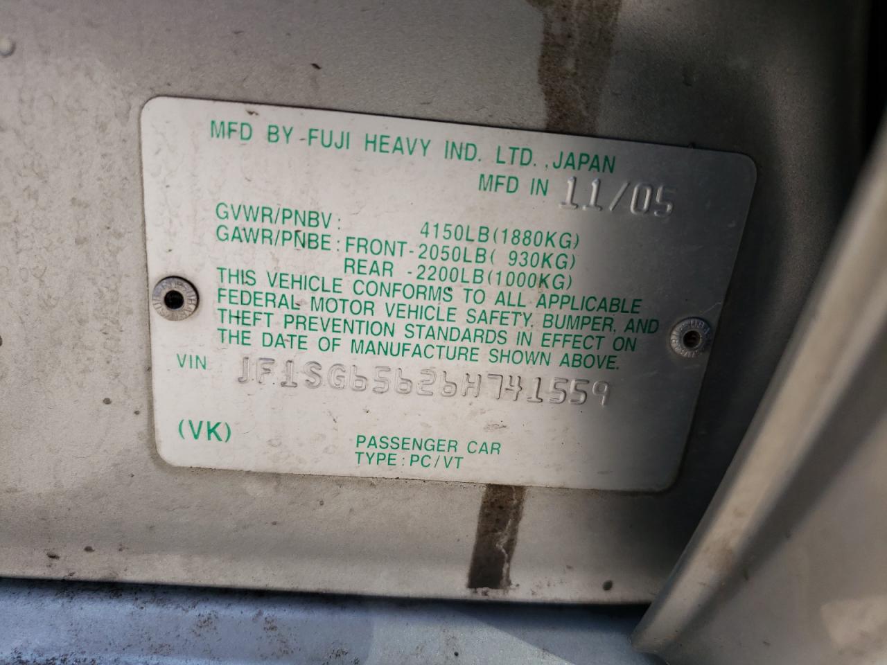 Photo 11 from auction – 2006 SUBARU FORESTER 2 with VIN JF1SG65626H741559