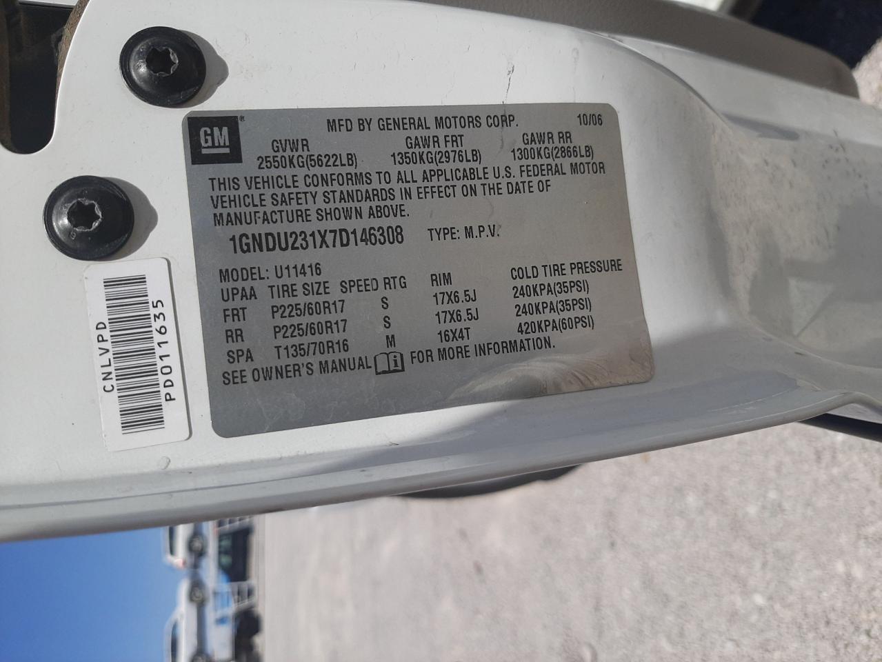 Photo 10 from auction – 2007 CHEVROLET UPLANDER L with VIN 1GNDU231X7D146308