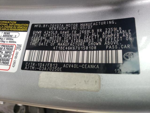 Photo 1 from auction – 2007 TOYOTA CAMRY CE with VIN 4T1BE46K67U158108