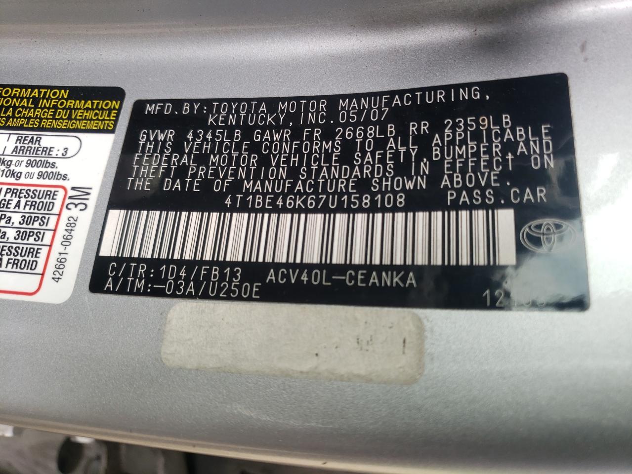 Photo 11 from auction – 2007 TOYOTA CAMRY CE with VIN 4T1BE46K67U158108
