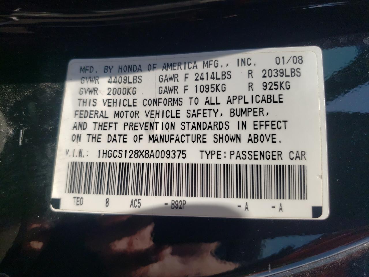 Photo 10 from auction – 2008 HONDA ACCORD EXL with VIN 1HGCS128X8A009375