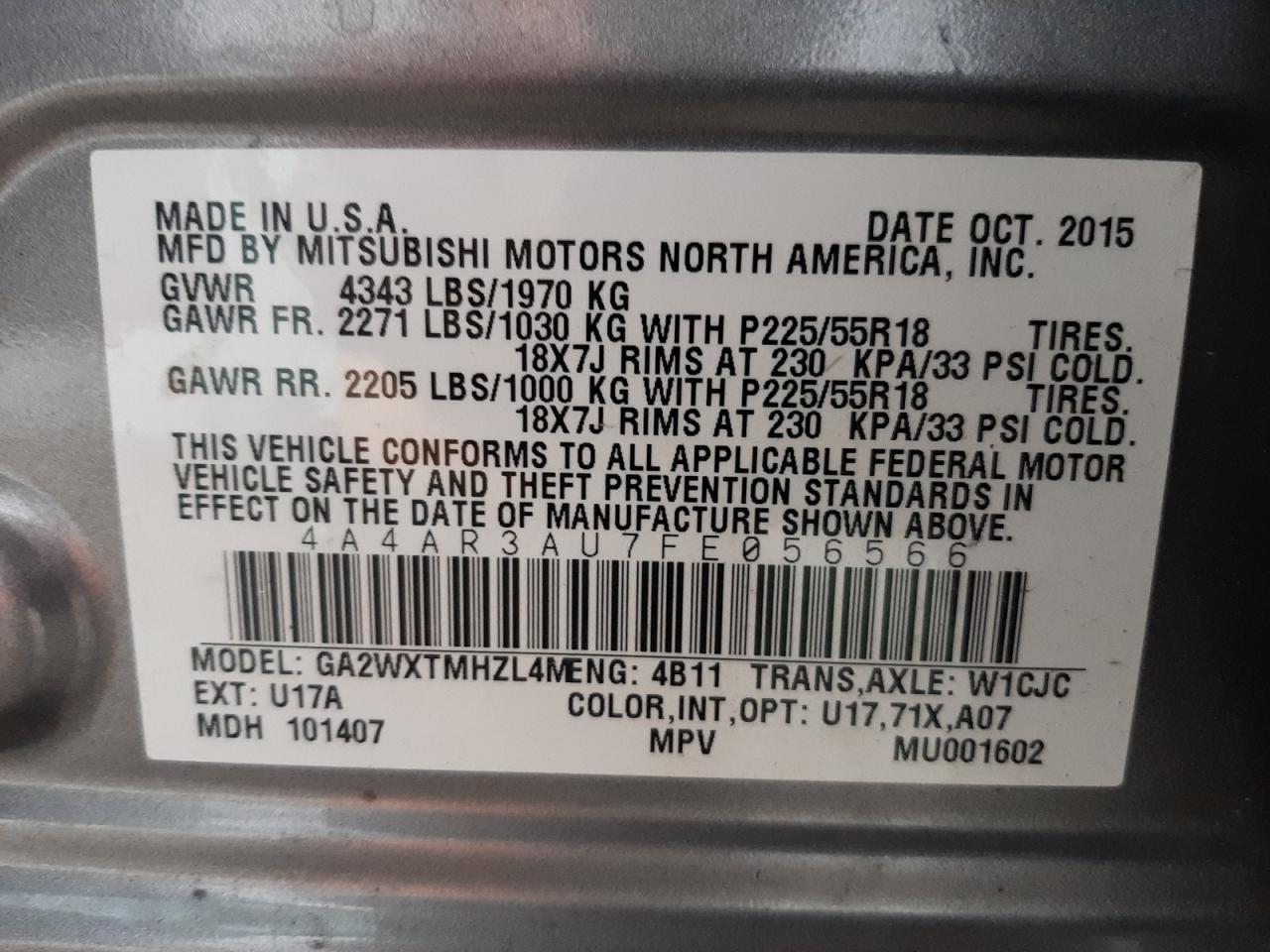 Photo 10 from auction – 2015 MITSUBISHI OUTLANDER with VIN 4A4AR3AU7FE056566