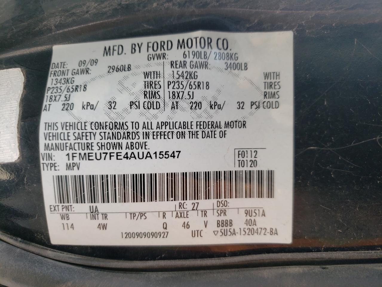 Photo 11 from auction – 2010 FORD EXPLORER L with VIN 1FMEU7FE4AUA15547
