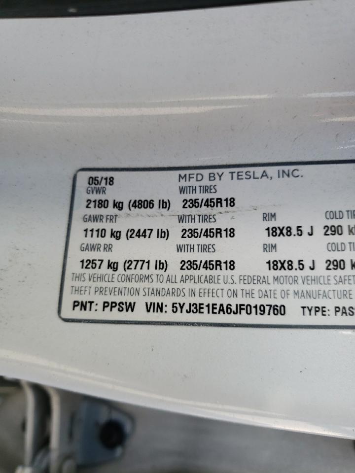 Photo 10 from auction – 2018 TESLA MODEL 3 with VIN 5YJ3E1EA6JF019760