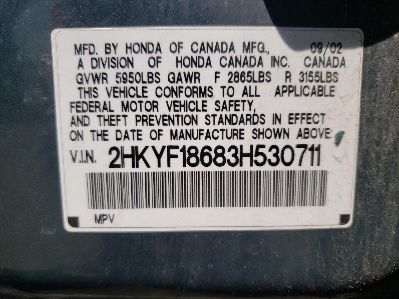 Photo 10 from auction – 2003 HONDA PILOT EXL with VIN 2HKYF18683H530711