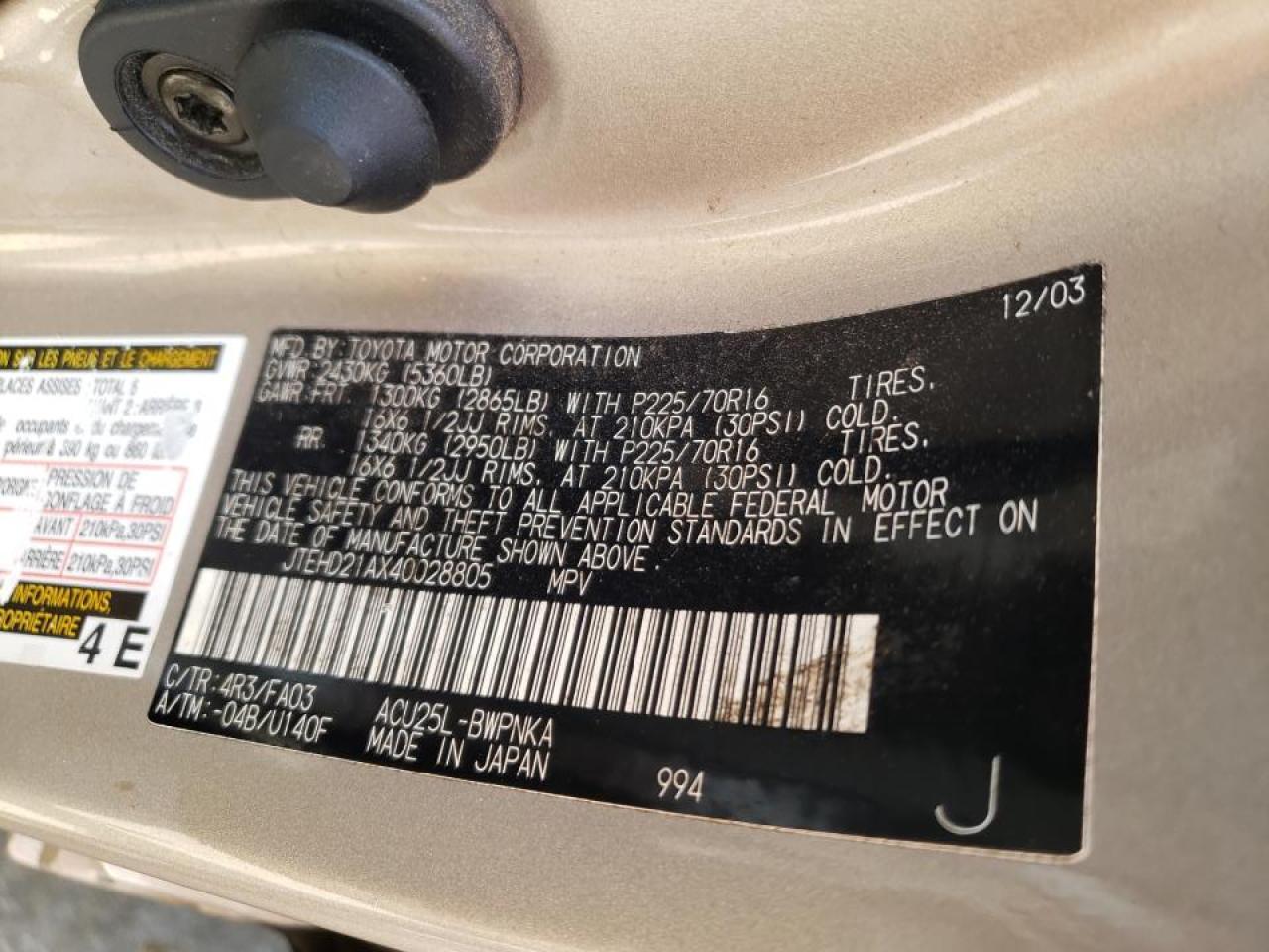 Photo 10 from auction – 2004 TOYOTA HIGHLANDER with VIN JTEHD21AX40028805
