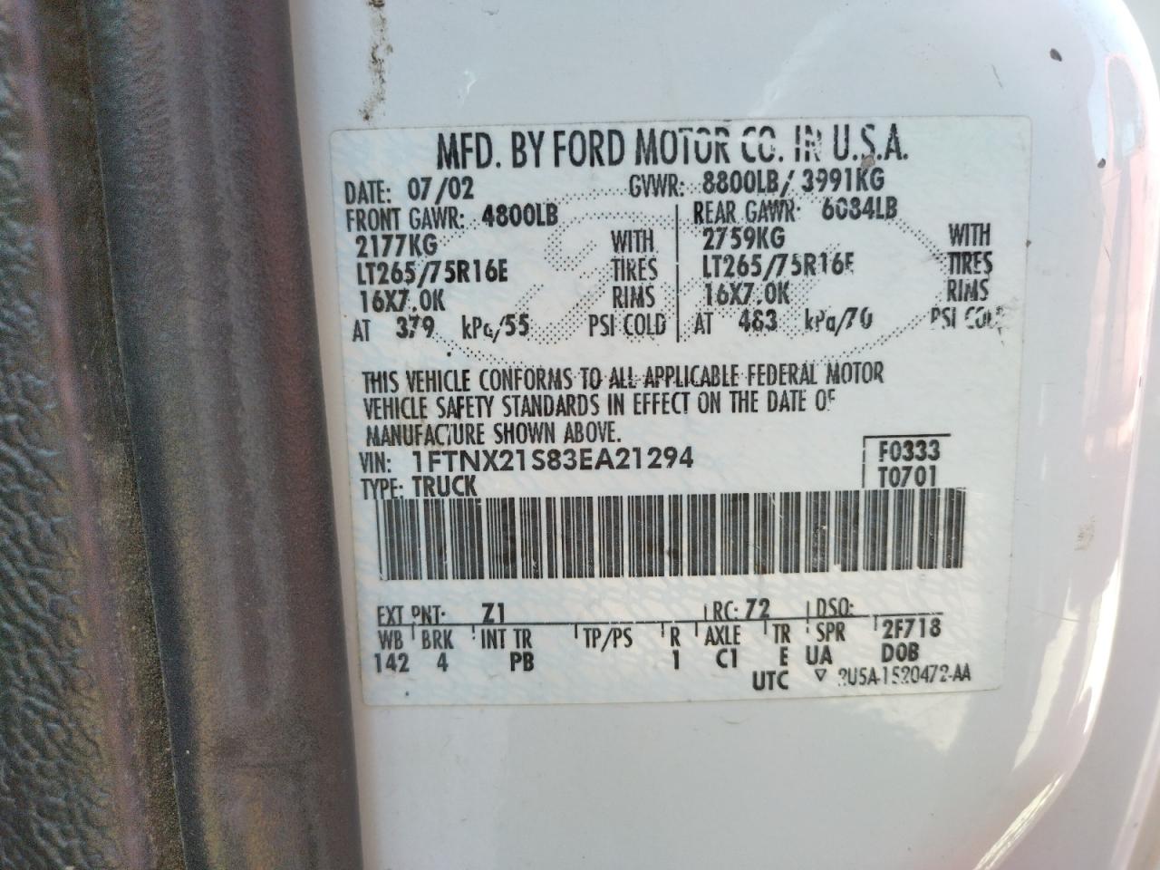 Photo 10 from auction – 2003 FORD F250 SUPER with VIN 1FTNX21S83EA21294
