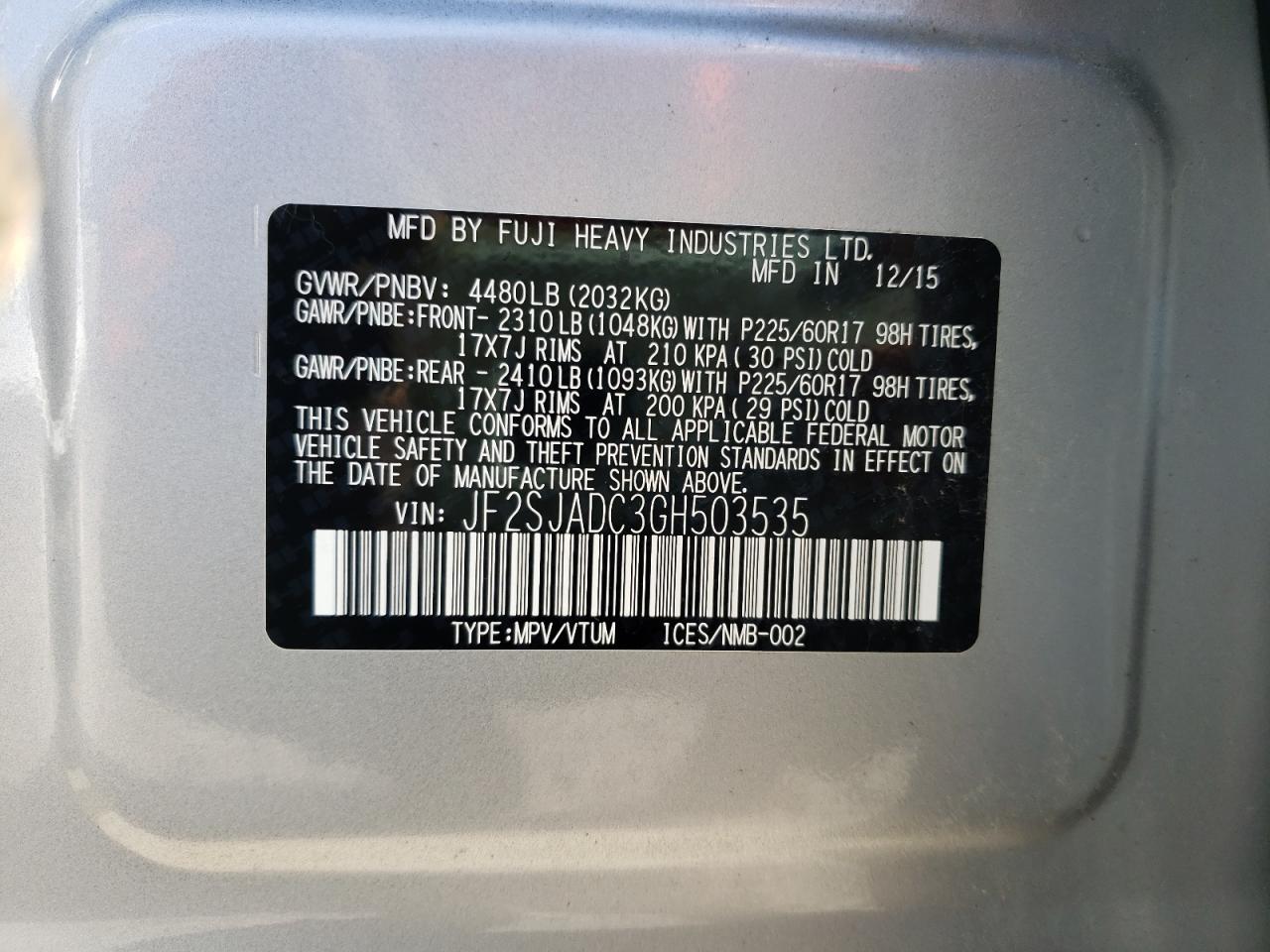 Photo 10 from auction – 2016 SUBARU FORESTER 2 with VIN JF2SJADC3GH503535