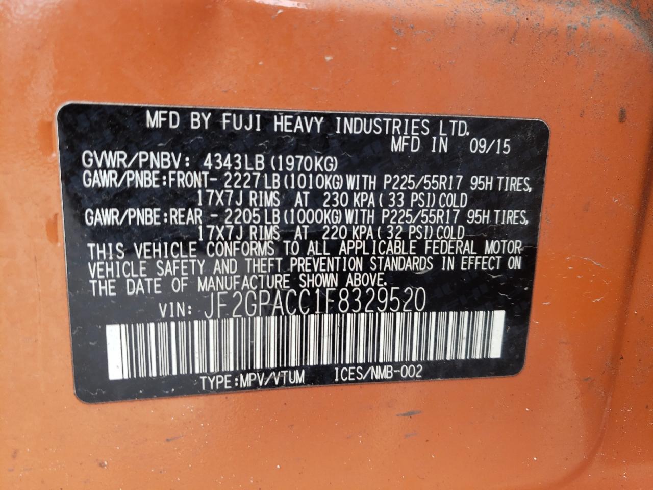 Photo 10 from auction – 2015 SUBARU XV CROSSTR with VIN JF2GPACC1F8329520