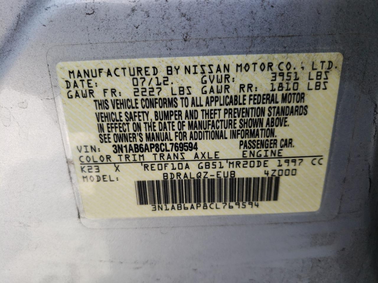 Photo 10 from auction – 2012 NISSAN SENTRA 2.0 with VIN 3N1AB6AP8CL769594