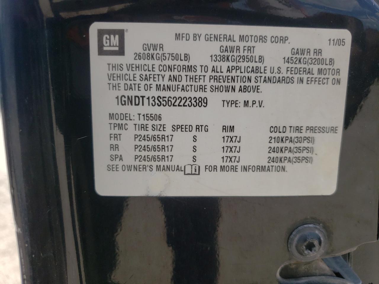 Photo 10 from auction – 2006 CHEVROLET TRAILBLAZE with VIN 1GNDT13S562223389