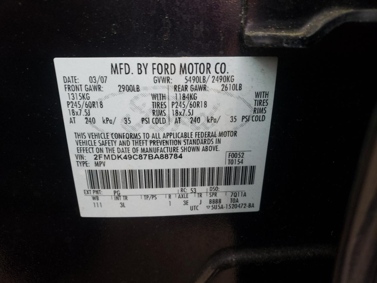 Photo 10 from auction – 2007 FORD EDGE SEL P with VIN 2FMDK49C87BA88784