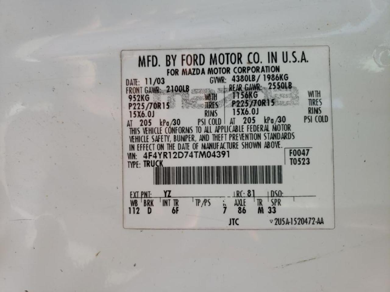 Photo 10 from auction – 2004 MAZDA B2300 with VIN 4F4YR12D74TM04391