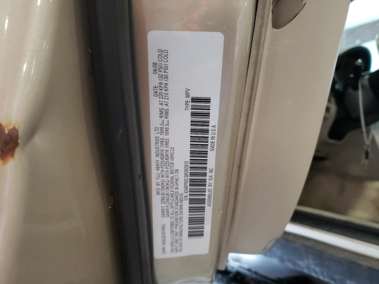Photo 10 from auction – 2008 SUBARU OUTBACK with VIN 4S4BP60C386362815