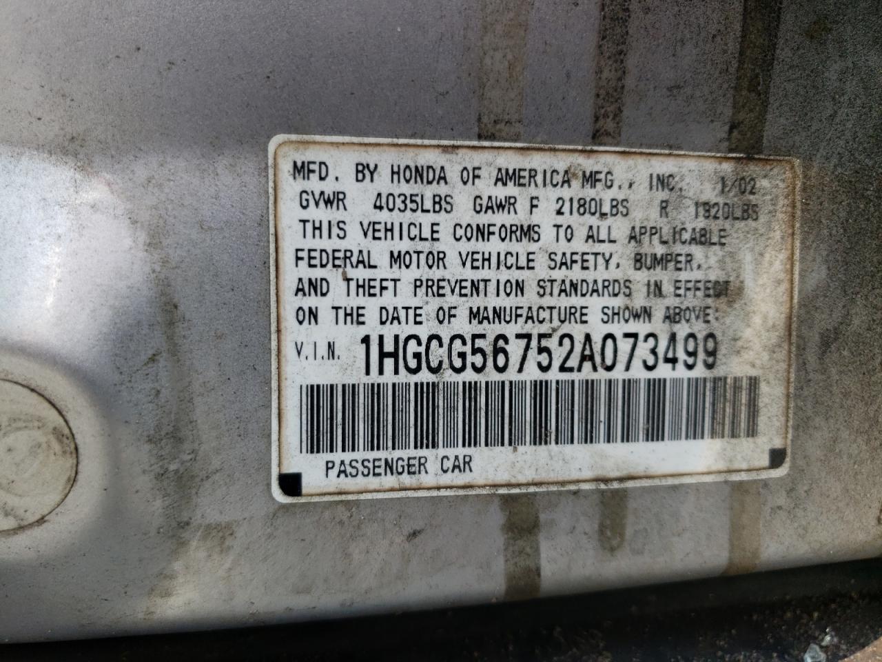 Photo 10 from auction – 2002 HONDA ACCORD SE with VIN 1HGCG56752A073499