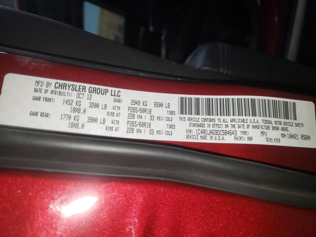 Photo 10 from auction – 2013 DODGE DURANGO SX with VIN 1C4RDJAG9DC584643