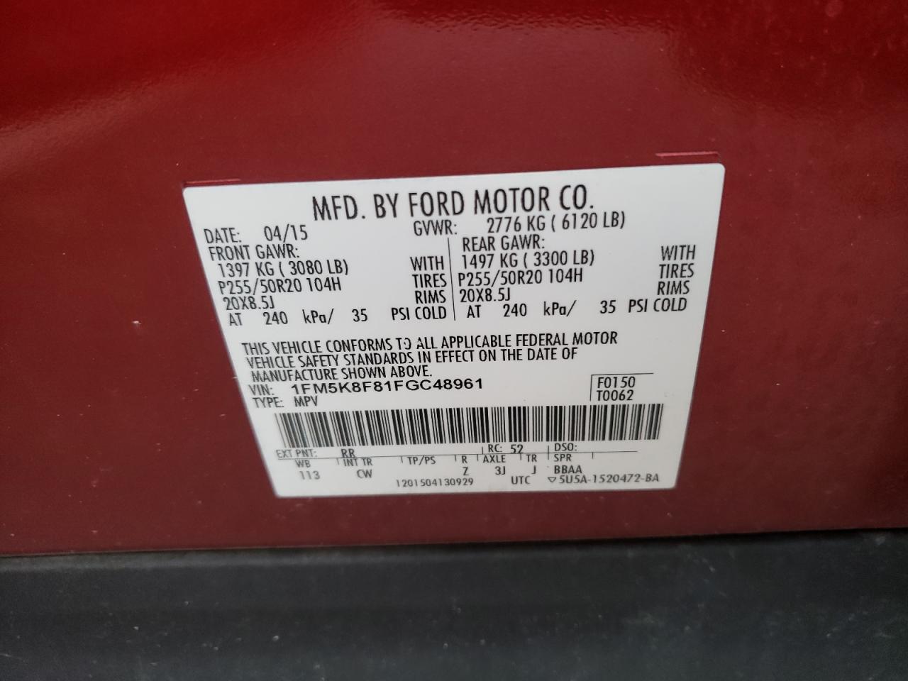 Photo 10 from auction – 2015 FORD EXPLORER L with VIN 1FM5K8F81FGC48961