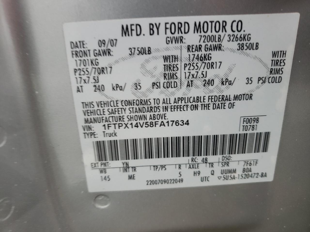 Photo 10 from auction – 2008 FORD F150 with VIN 1FTPX14V58FA17634
