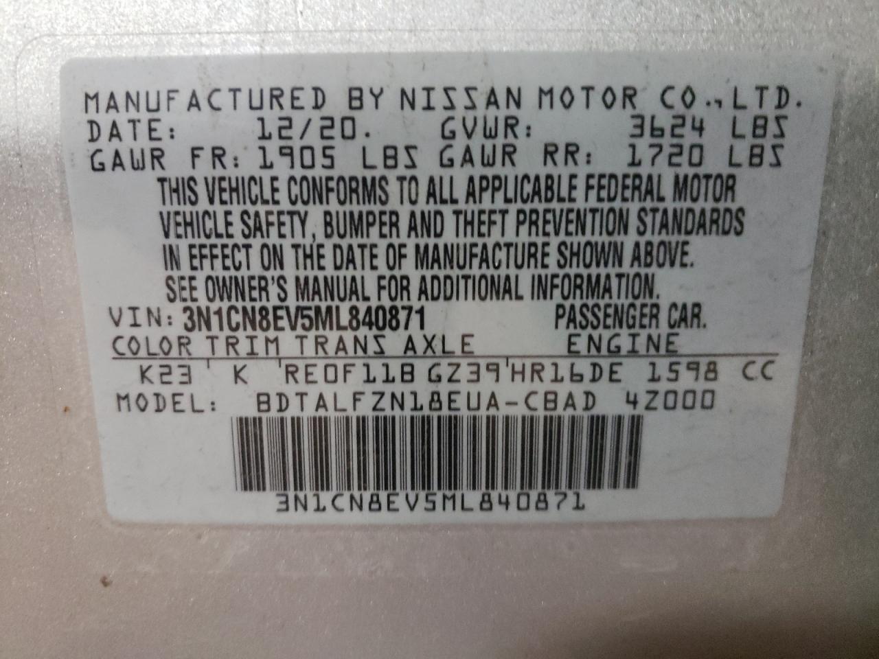 Photo 10 from auction – 2021 NISSAN VERSA SV with VIN 3N1CN8EV5ML840871