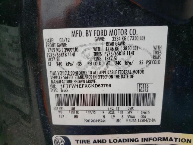 Photo 10 from auction – 2012 FORD F150 SUPER with VIN 1FTFW1EFXCKD63796
