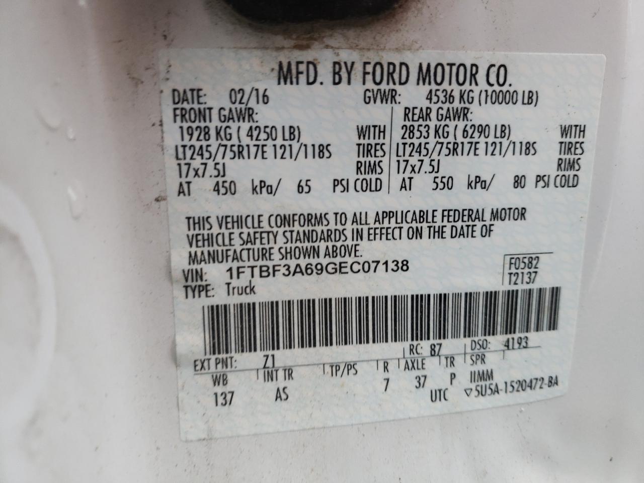 Photo 10 from auction – 2016 FORD F350 SUPER with VIN 1FTBF3A69GEC07138