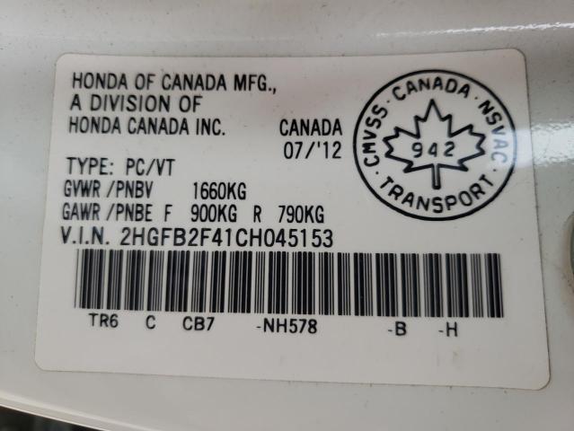 Photo 10 from auction – 2012 HONDA CIVIC LX with VIN 2HGFB2F41CH045153