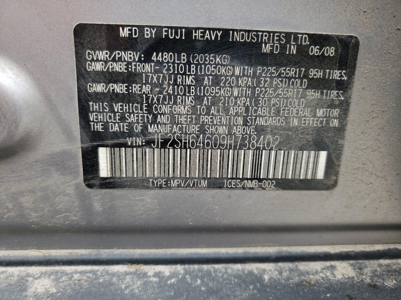 Photo 10 from auction – 2009 SUBARU FORESTER 2 with VIN JF2SH64609H738402