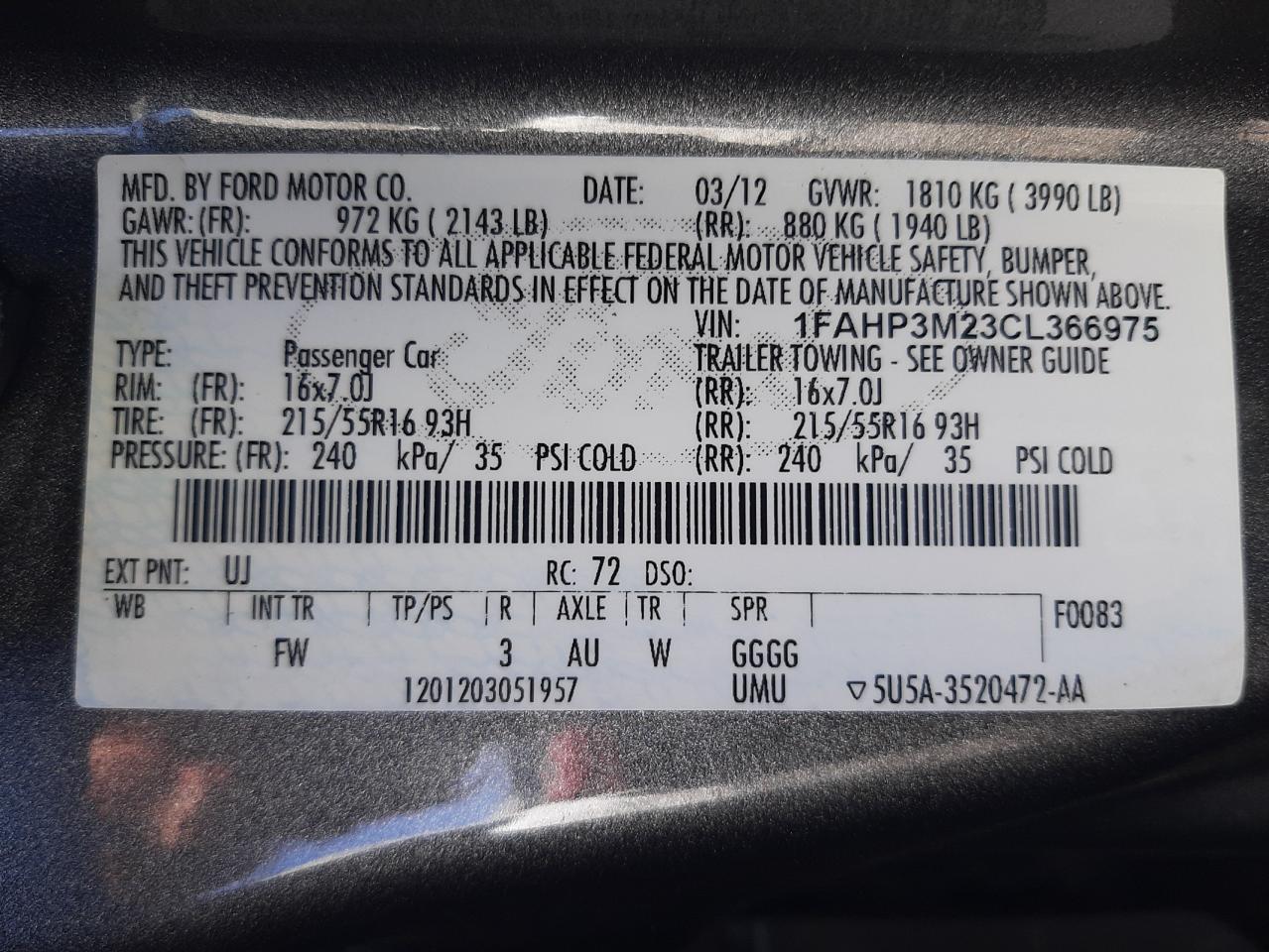 Photo 10 from auction – 2012 FORD FOCUS SEL with VIN 1FAHP3M23CL366975