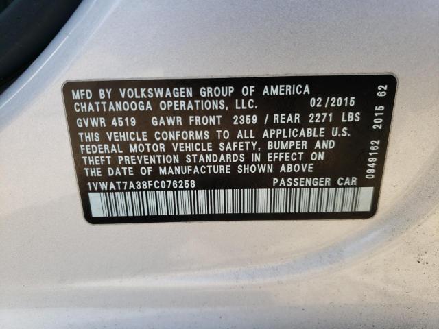 Photo 10 from auction – 2015 VOLKSWAGEN PASSAT S with VIN 1VWAT7A38FC076258