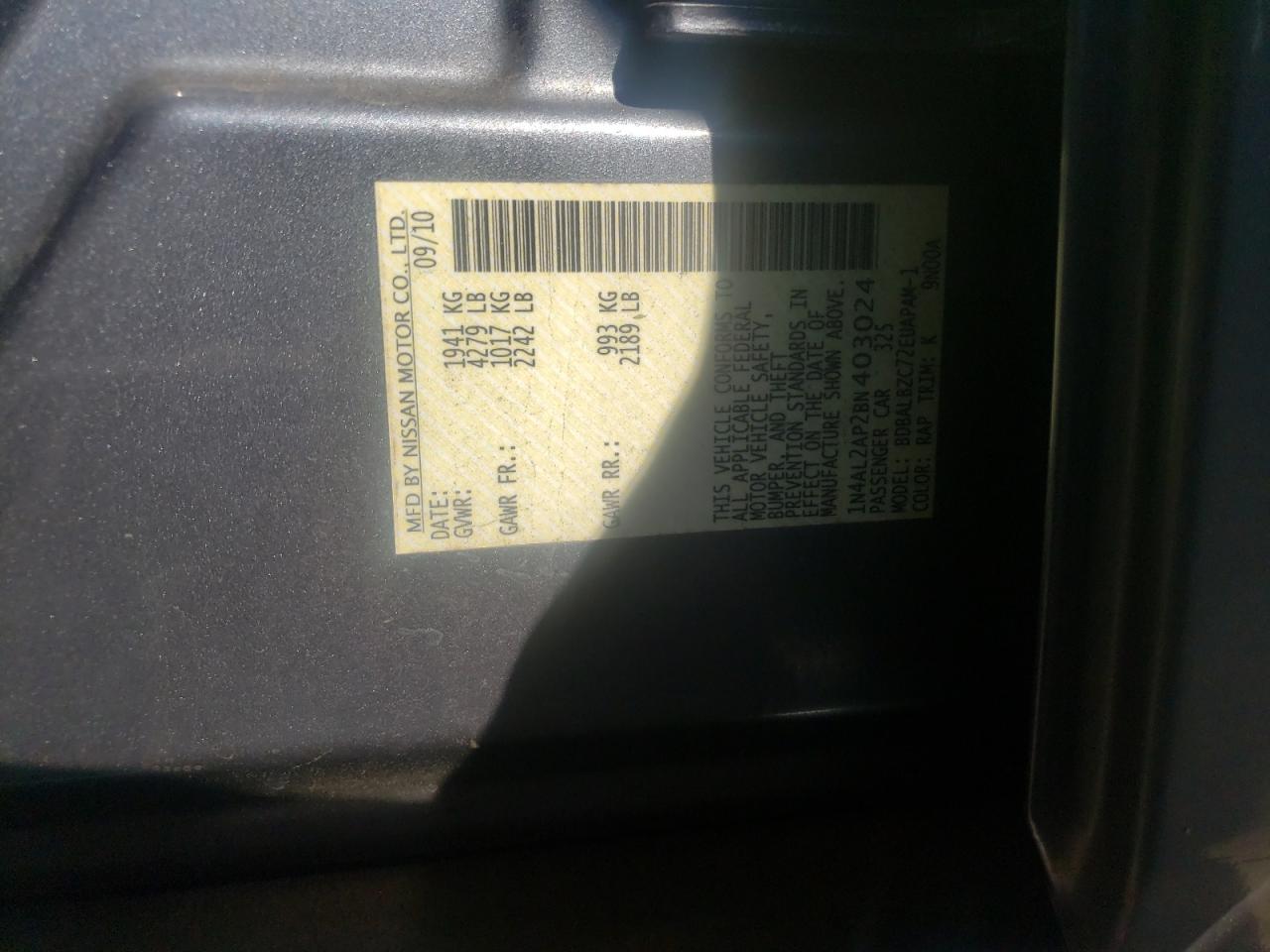Photo 10 from auction – 2011 NISSAN ALTIMA BAS with VIN 1N4AL2AP2BN403024