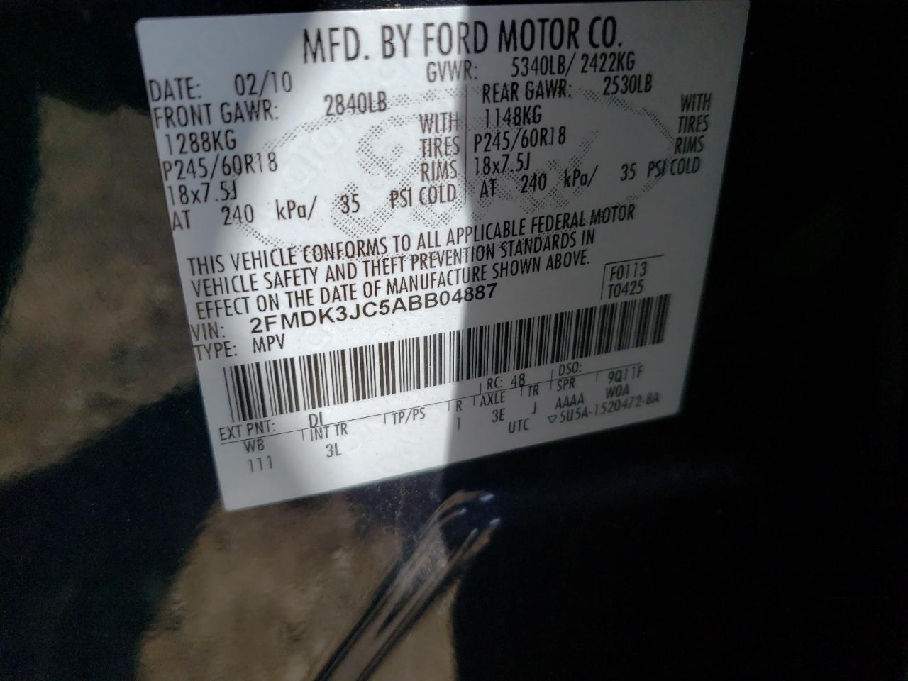 Photo 10 from auction – 2010 FORD EDGE SEL with VIN 2FMDK3JC5ABB04887