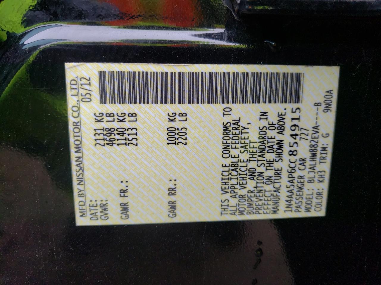 Photo 10 from auction – 2012 NISSAN MAXIMA S with VIN 1N4AA5AP6CC854915