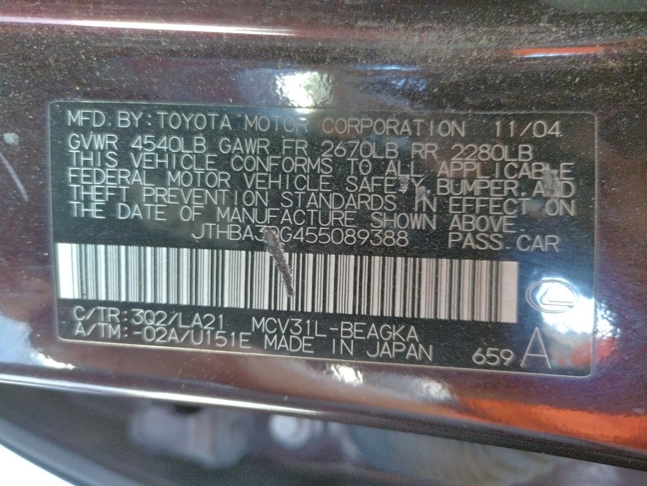 Photo 10 from auction – 2005 LEXUS ES 330 with VIN JTHBA30G455089388