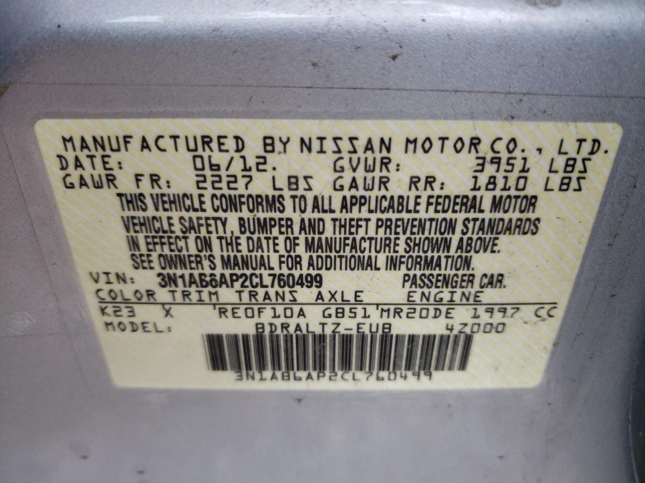 Photo 10 from auction – 2012 NISSAN SENTRA 2.0 with VIN 3N1AB6AP2CL760499