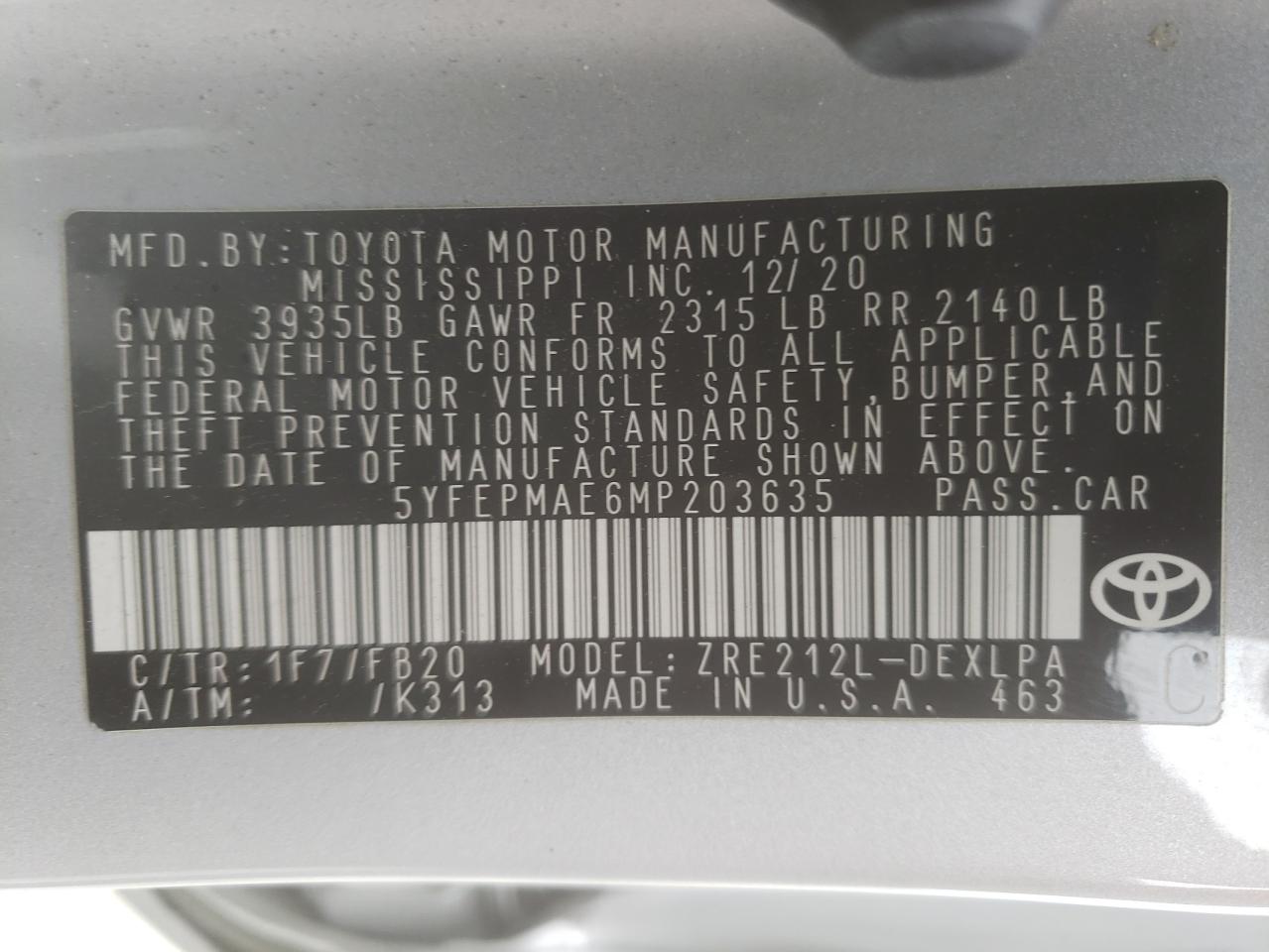 Photo 10 from auction – 2021 TOYOTA COROLLA LE with VIN 5YFEPMAE6MP203635