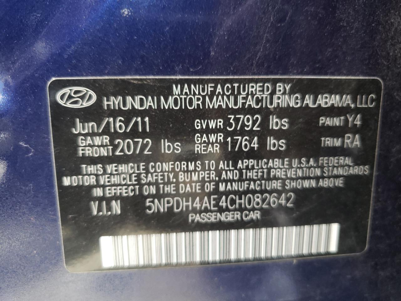 Photo 10 from auction – 2012 HYUNDAI ELANTRA GL with VIN 5NPDH4AE4CH082642